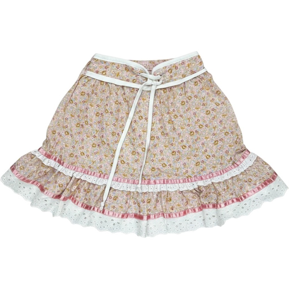 Vintage Girls Pink Floral Ruffle Skirt Eyelet Lace Trim cottage USA Size 6